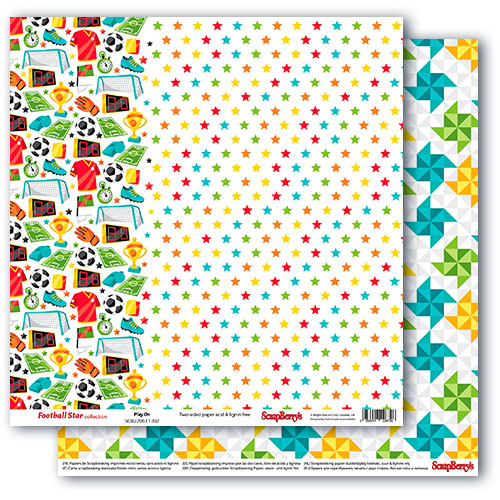 Двустранен дизайнерски лист 12" х 12" - футбол - Double-sided paper 12"*12" 190 gsm,Football Star, Play On