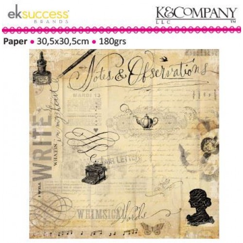 Дизайнерски лист 12" х 12" с мастилница и писалка - K&Company scribe 30,5x30,5cm-12x12" notes flat paper