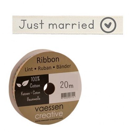 Панделка с принт - Ribbon 15mm just married - 1 метър